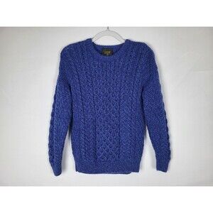 Carraig Donn Sweater Youth XL Blue Cable Knit Fisherman Crewneck Ireland